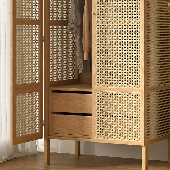 Scandinavian Rattan Wood Wardrobe with 4 Feet and Shelves for Bedroom - image 10