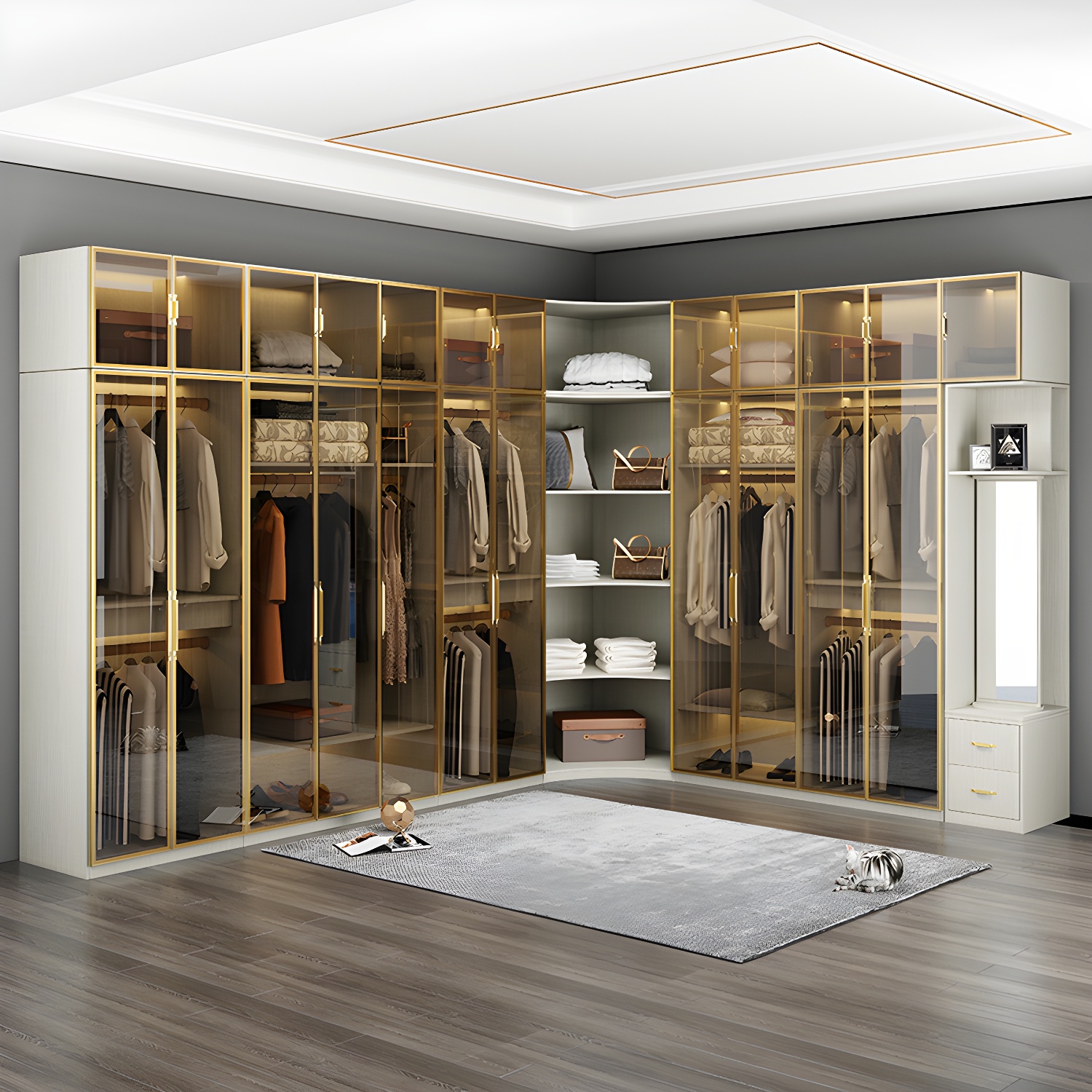 Modern Wardrobe Armoire Engineered Wood and Glass Wardrobe Closet