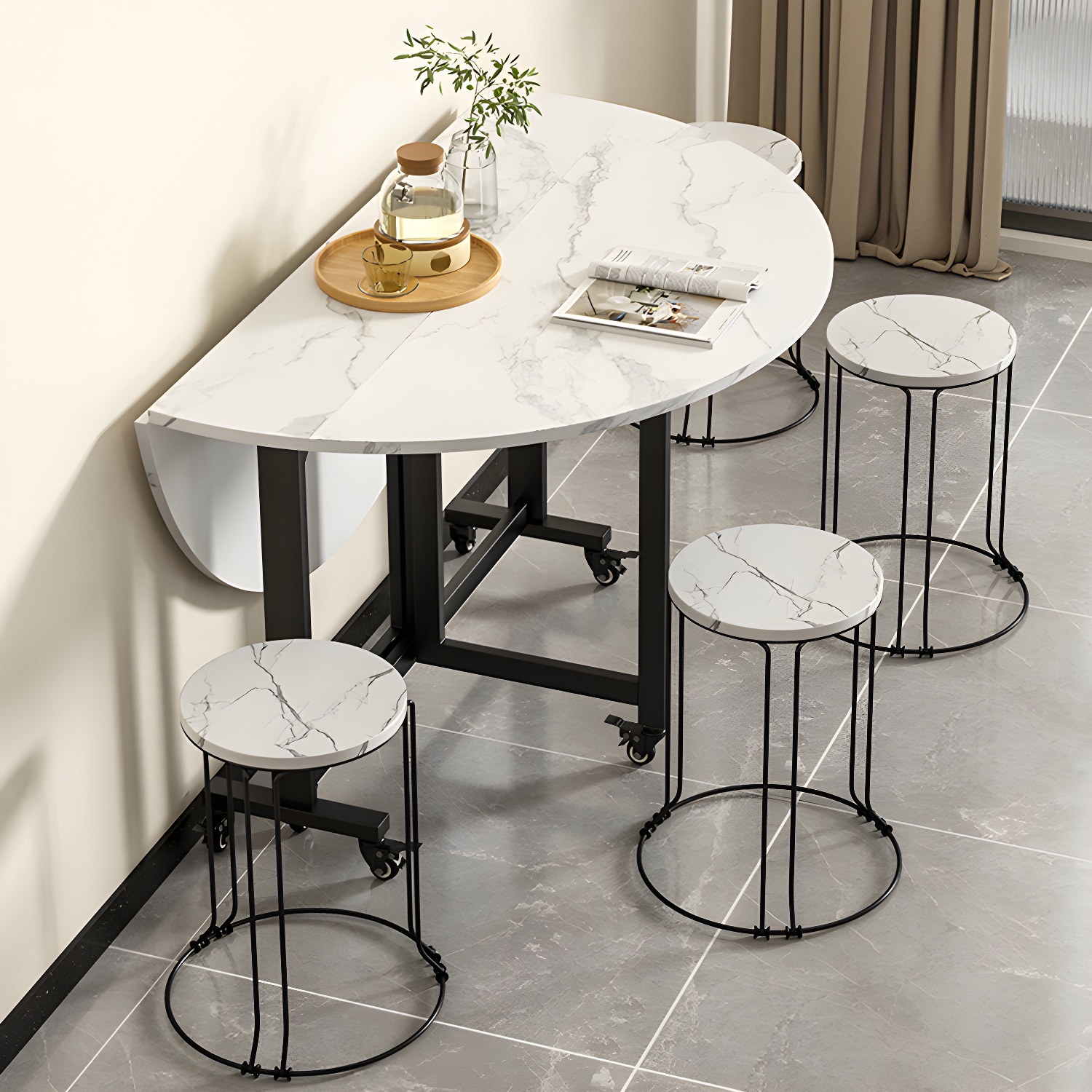 Modern Round Wood Dining Set with Collapsible Table and Leaf Extension - Metal Trestle Base in Black - image 11