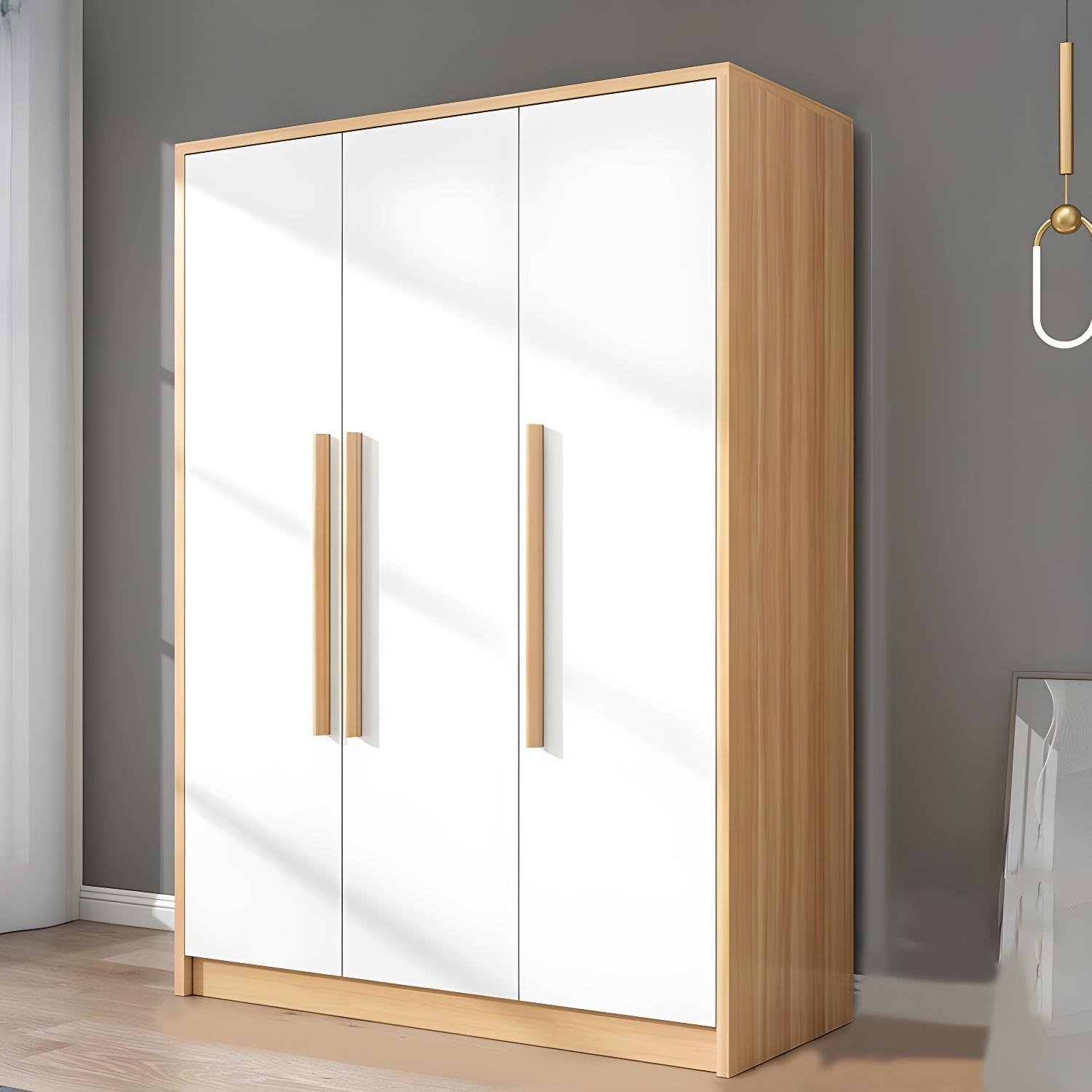 Scandinavian Wood Handle Storage Wardrobe with Metal Clothing Rod and Shelves