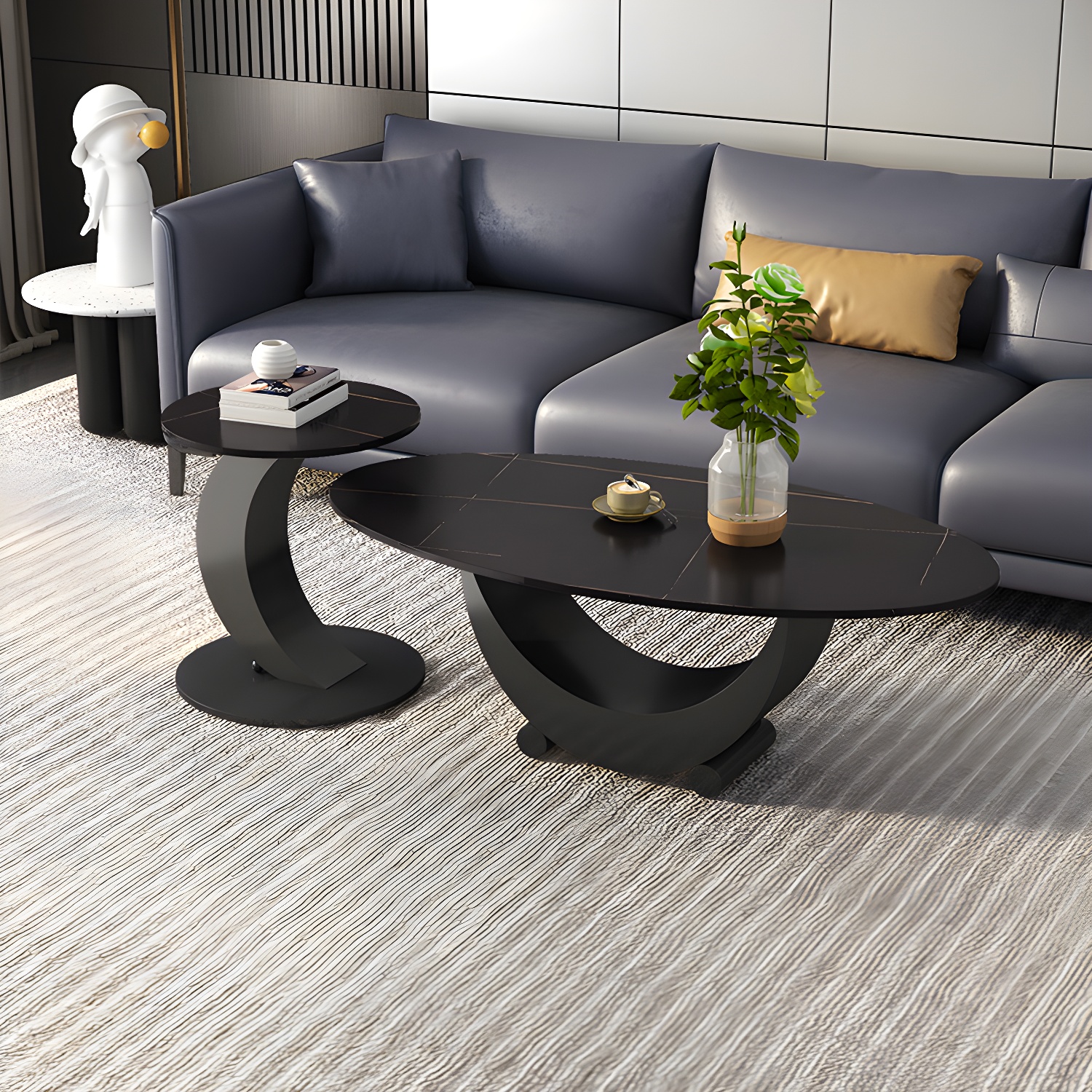 2 Piece Nesting Tables Oval Minimalist Modern Coffee Table Set