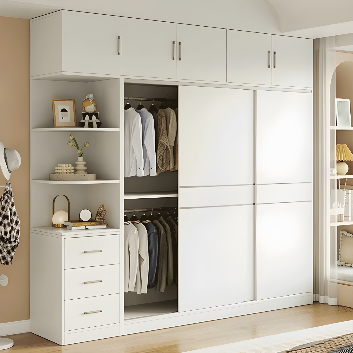 Modern White Wood Wardrobe Armoire with Sliding Doors, Shelves, and Soft Close Drawers - image 12