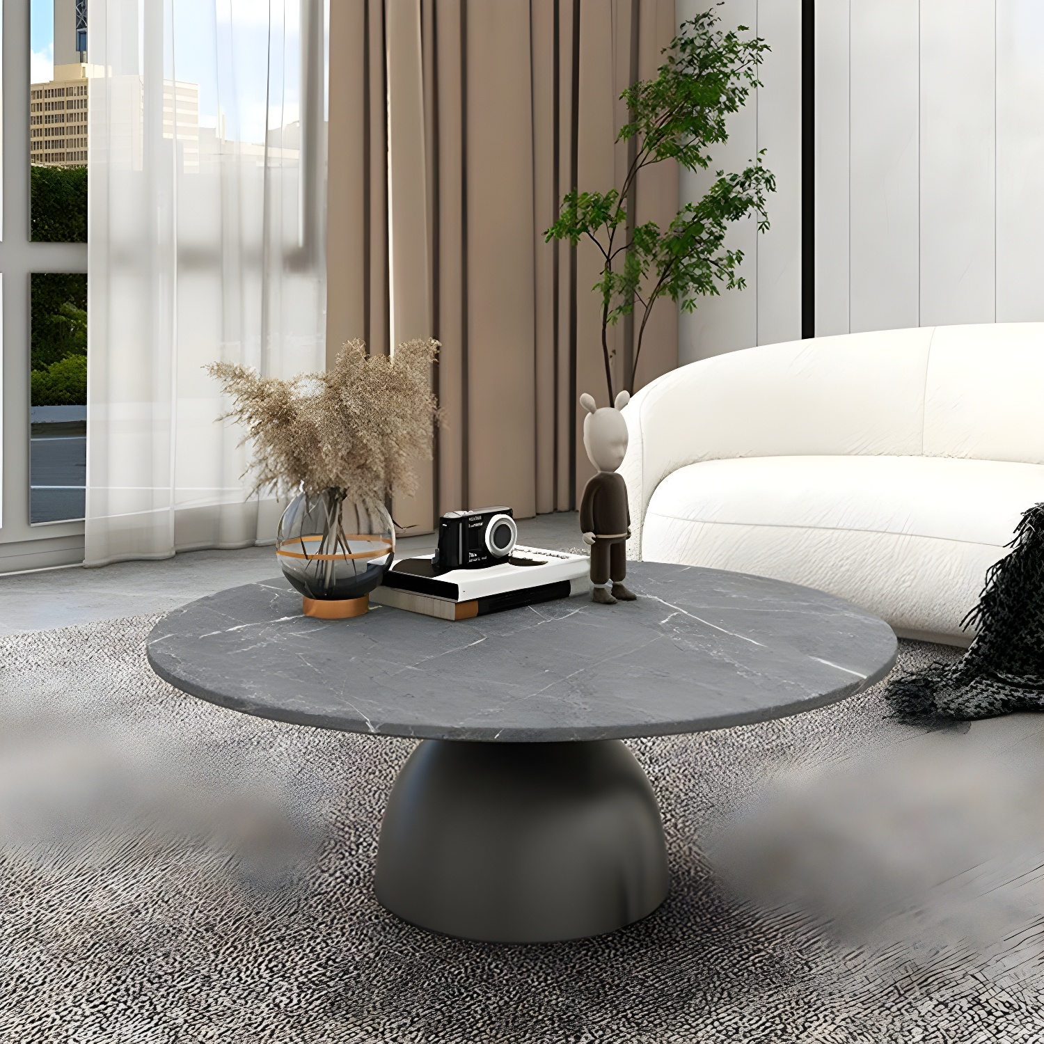Round Stone Glam Coffee Table with Pedestal Iron Base and Built-in Storage - image 14