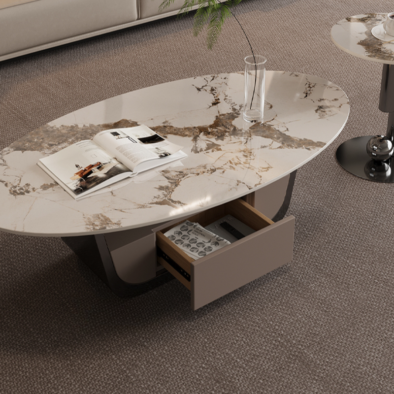 Glamorous Oblong Stone Coffee Table with Abstract Base, Scratch-proof and Drawer for Small Spaces - image 6
