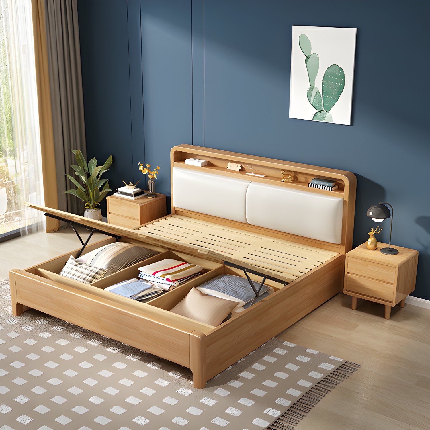 Scandinavian Solid Wood Bed with Four Legs and Upholstered Headboard - image 4