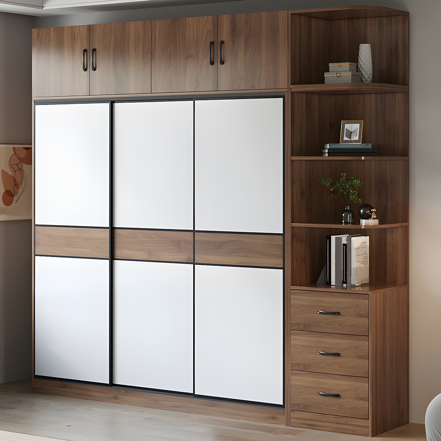 Modern Brown Wood Wardrobe Armoire with Sliding Doors, Shelves, and Clothing Rod
