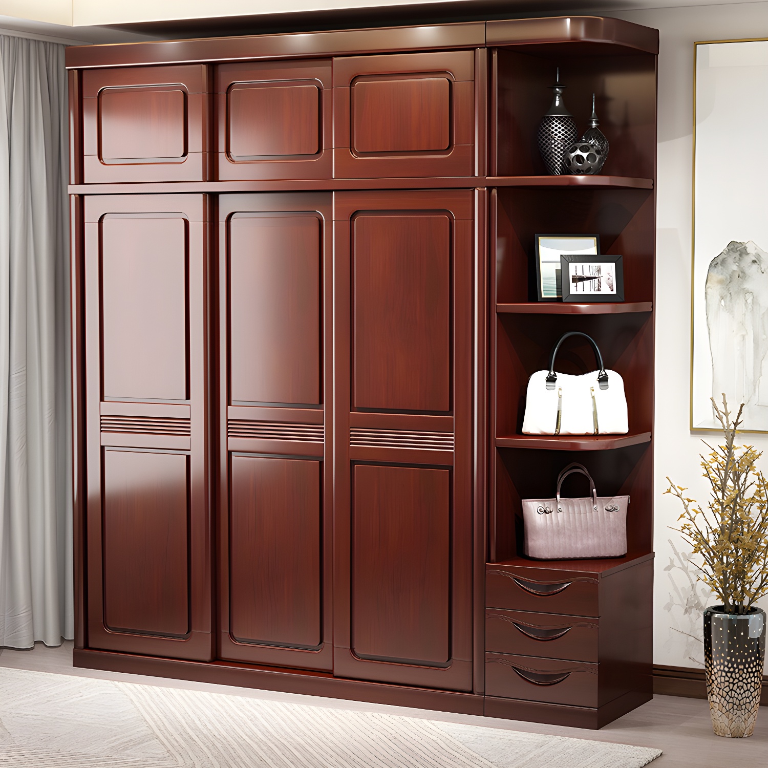 Traditional Wardrobe Cabinet Rubberwood Brown Wardrobe Armoire - image 12