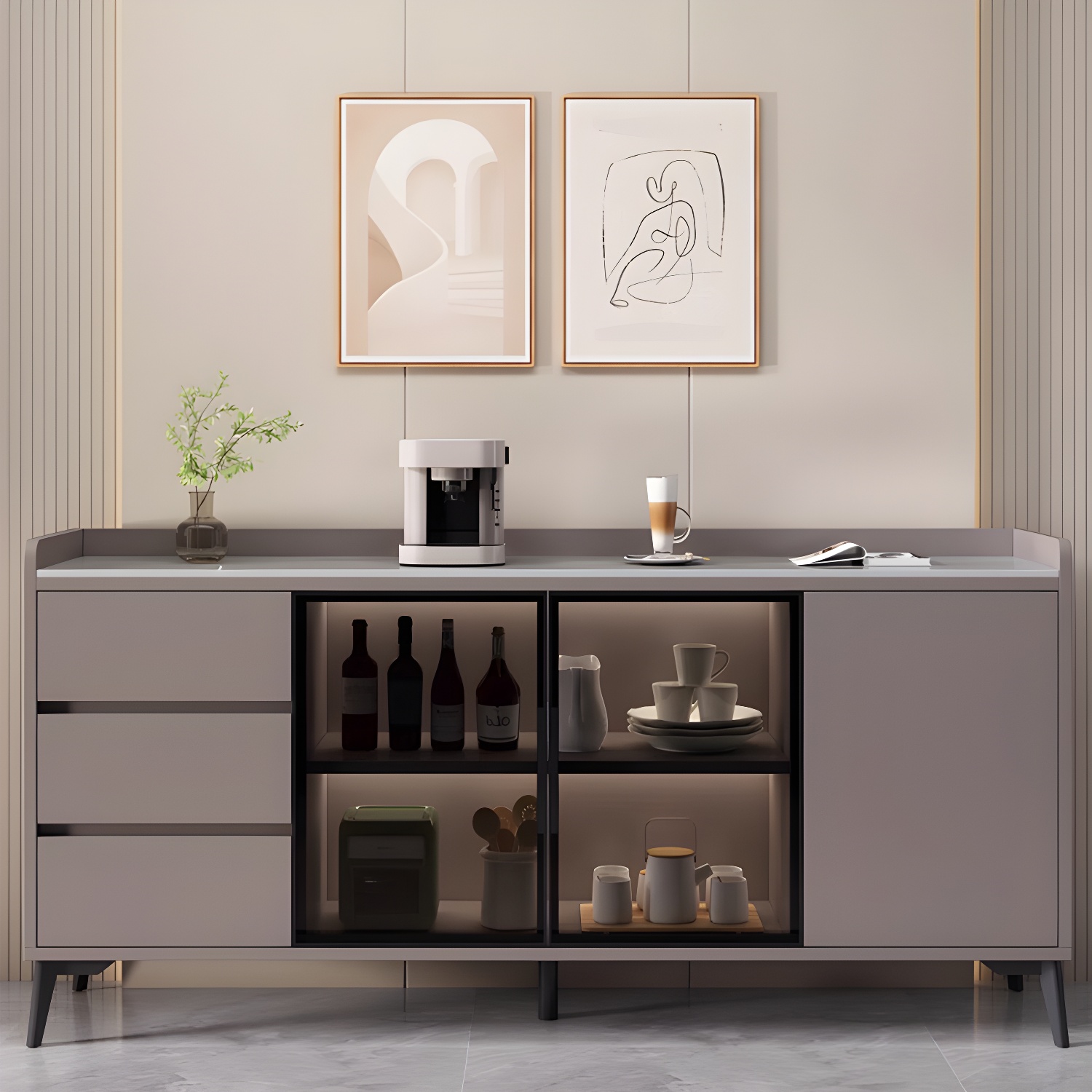 Stone Top Modern Wood Sideboard Credenza with 3 Drawers and Glass Doors - image 7