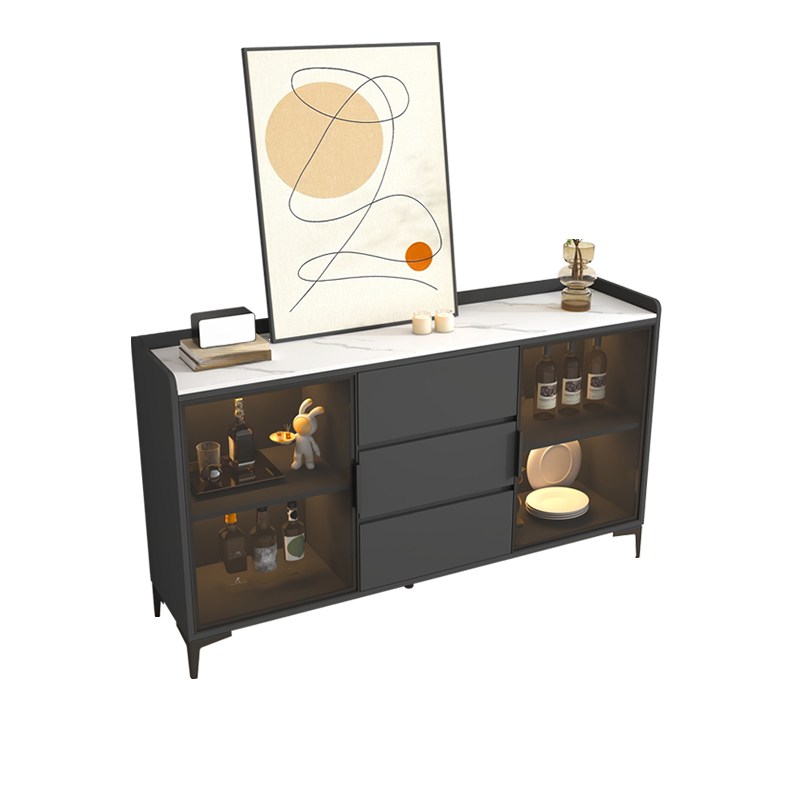 Ground Buffet Table/Server with Stone Countertop, Glass Doors, and Flexible Shelf Storage Compartment