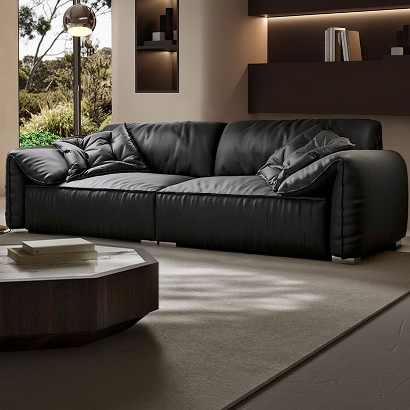 Modish Solid Color Tear Resistant Standard Sofa in Midnight Black, Seats 5/4 Person/for 3 with 2 Pillows