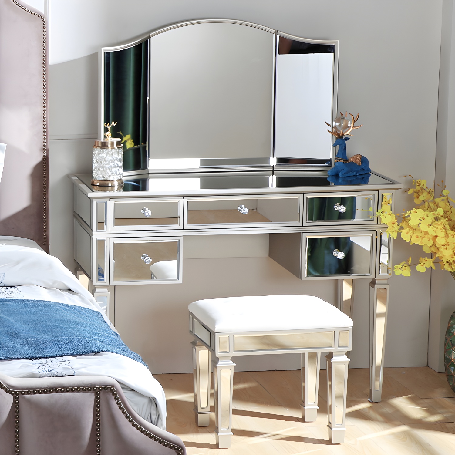 Solid Wood Vanity Dressing Table Set Contemporary Makeup Counter with Drawers - image 4