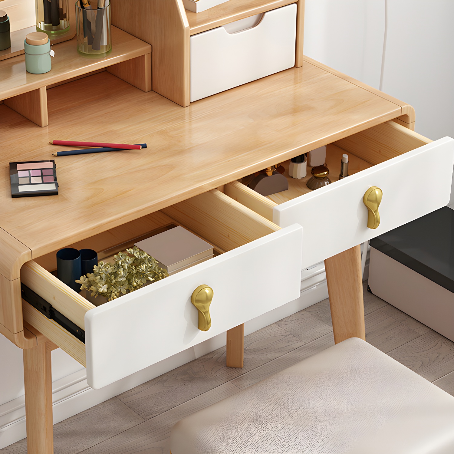 Scandinavian 3-Drawer Dressing Table Solid Wood Vanity Makeup Table Set - image 9