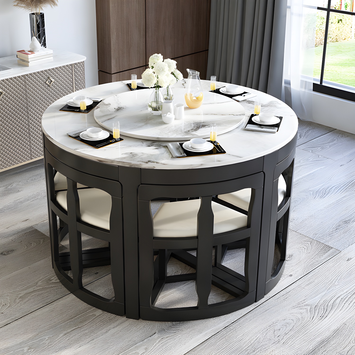 7-Piece Modern Wood Dining Set with Trestle Base and Upholstered Chairs in White - Seats 6 - image 3