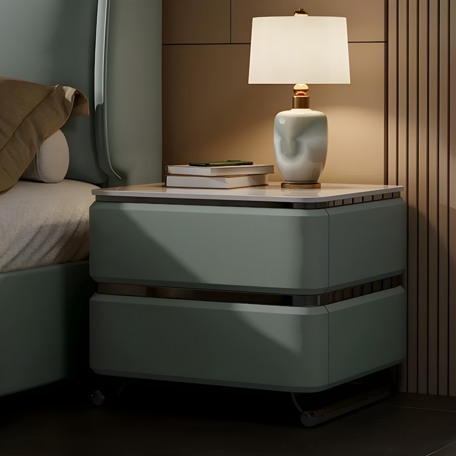 Small Modern Faux Leather Nightstand with Drawer Storage in Stone Finish