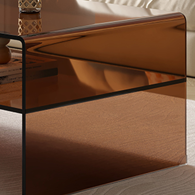 Rectangular Brown Glass Modern Coffee Table with Sled Base and Storage - image 7