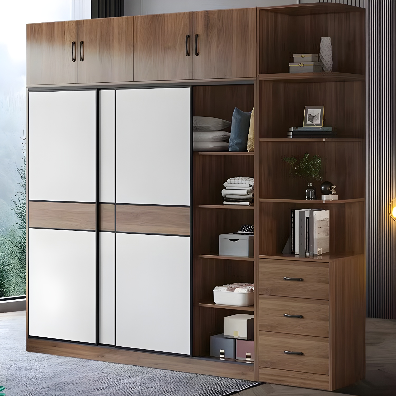 Modern Brown Wood Wardrobe Armoire with Sliding Doors, Shelves, and Clothing Rod