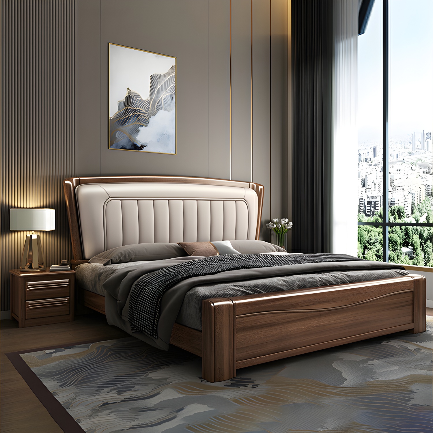 Traditional Walnut Wood Brown Bed with Rectangular Upholstered Headboard for Bedroom