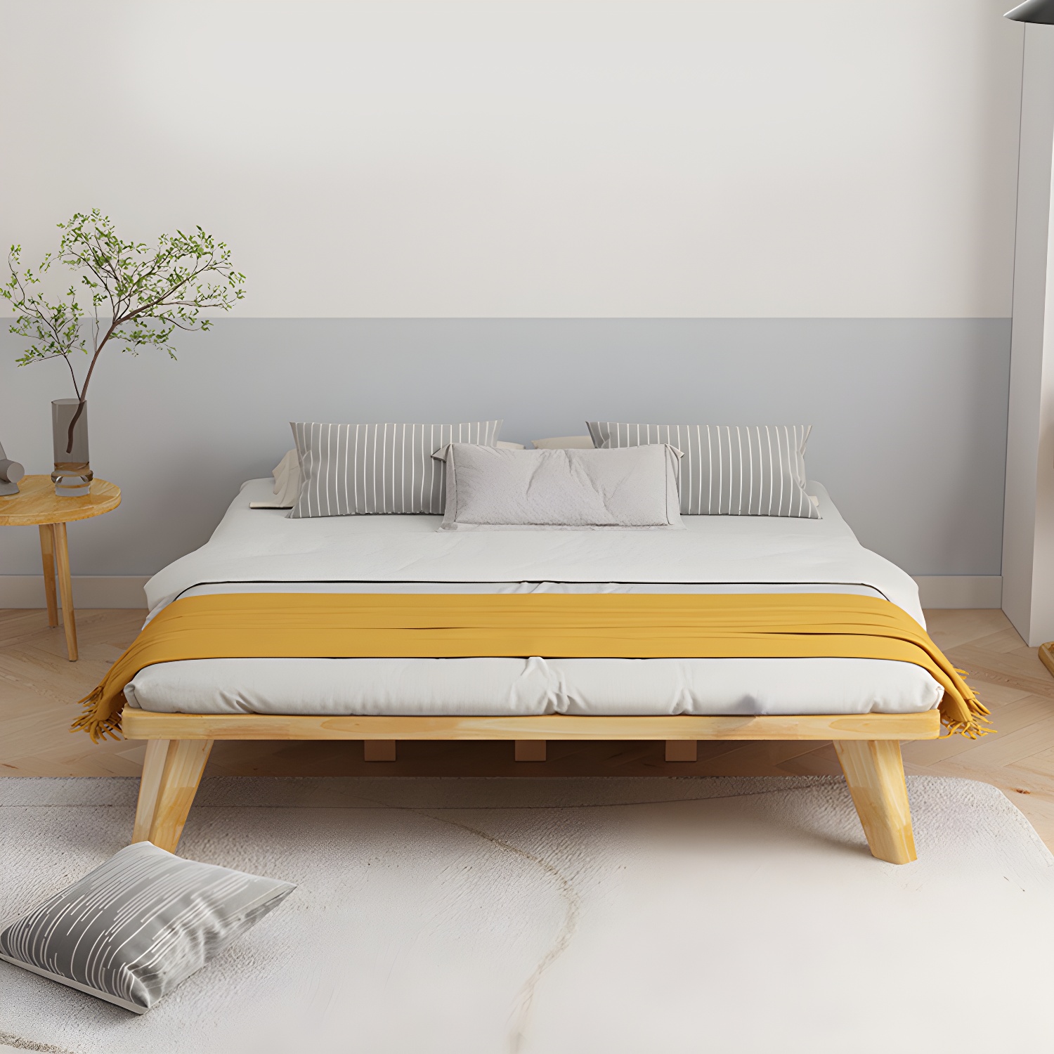 Scandinavian Solid Wood Platform Bed 13.39" High Natural Bed Frame Set - image 2