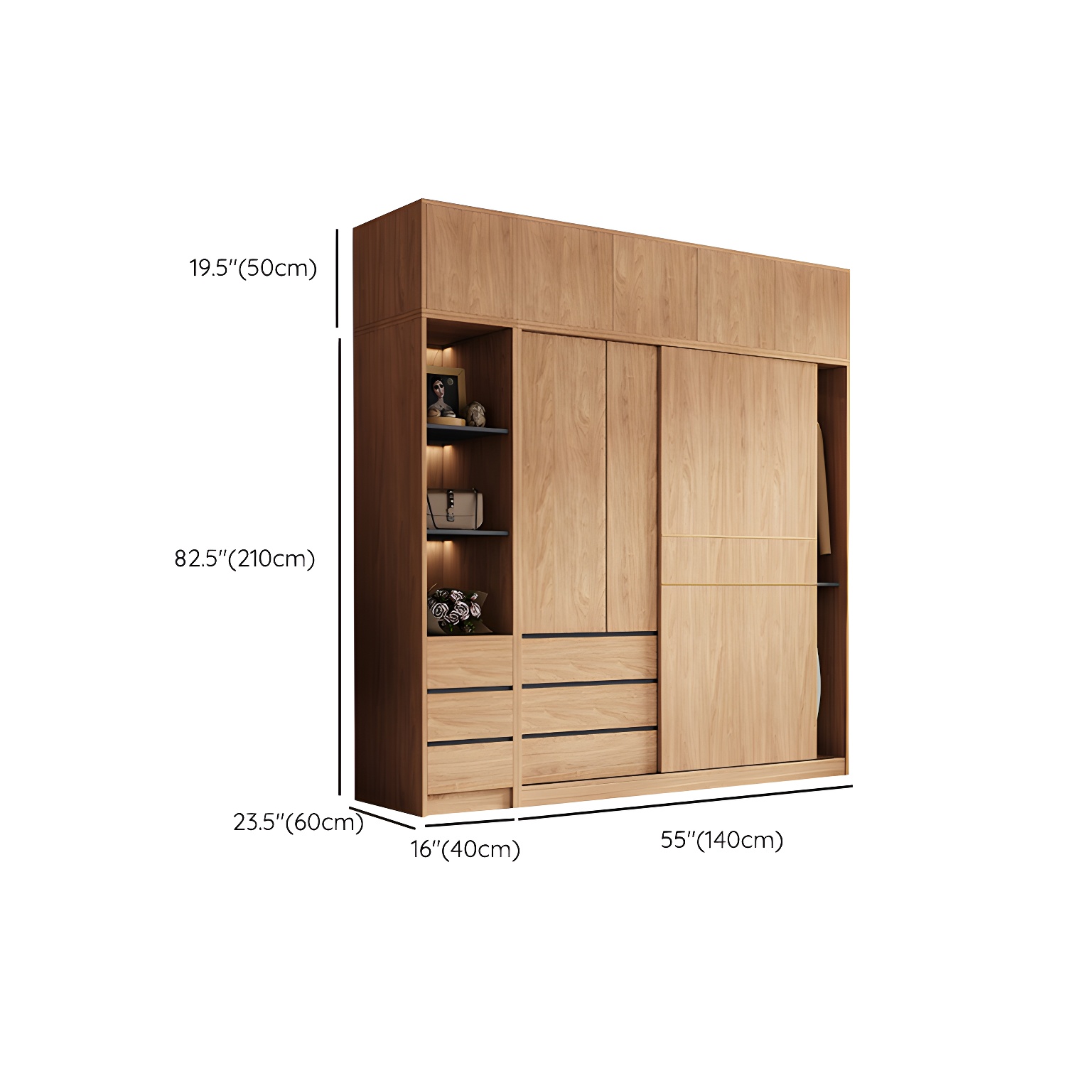 Natural Finish Wardrobe Armoire Sliding Wardrobe Cabinet with Drawer - image 25