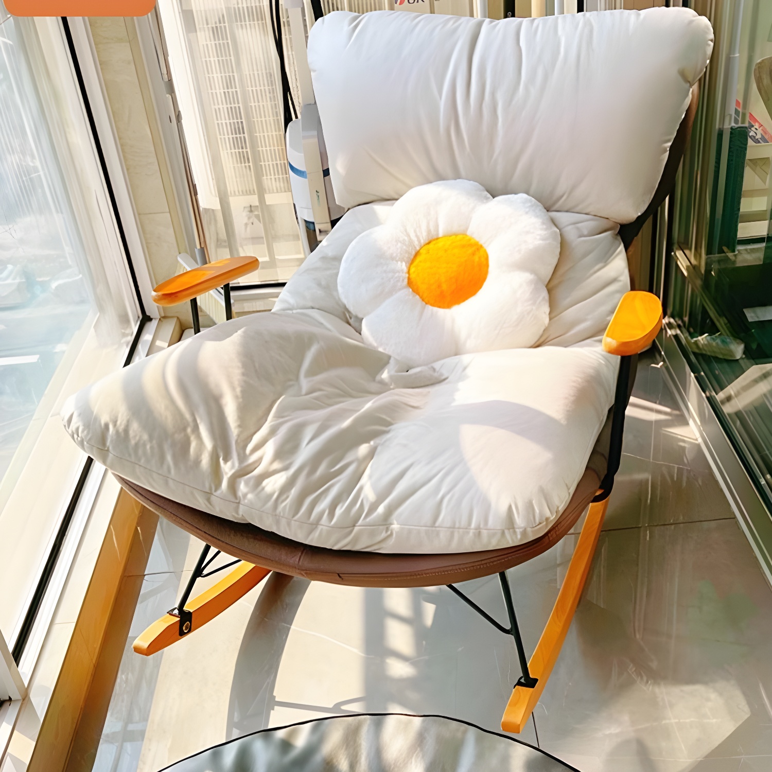 Scandinavian Indoor Upholstered Rocking Chair with Track Arms and Natural Wood Legs - image 9
