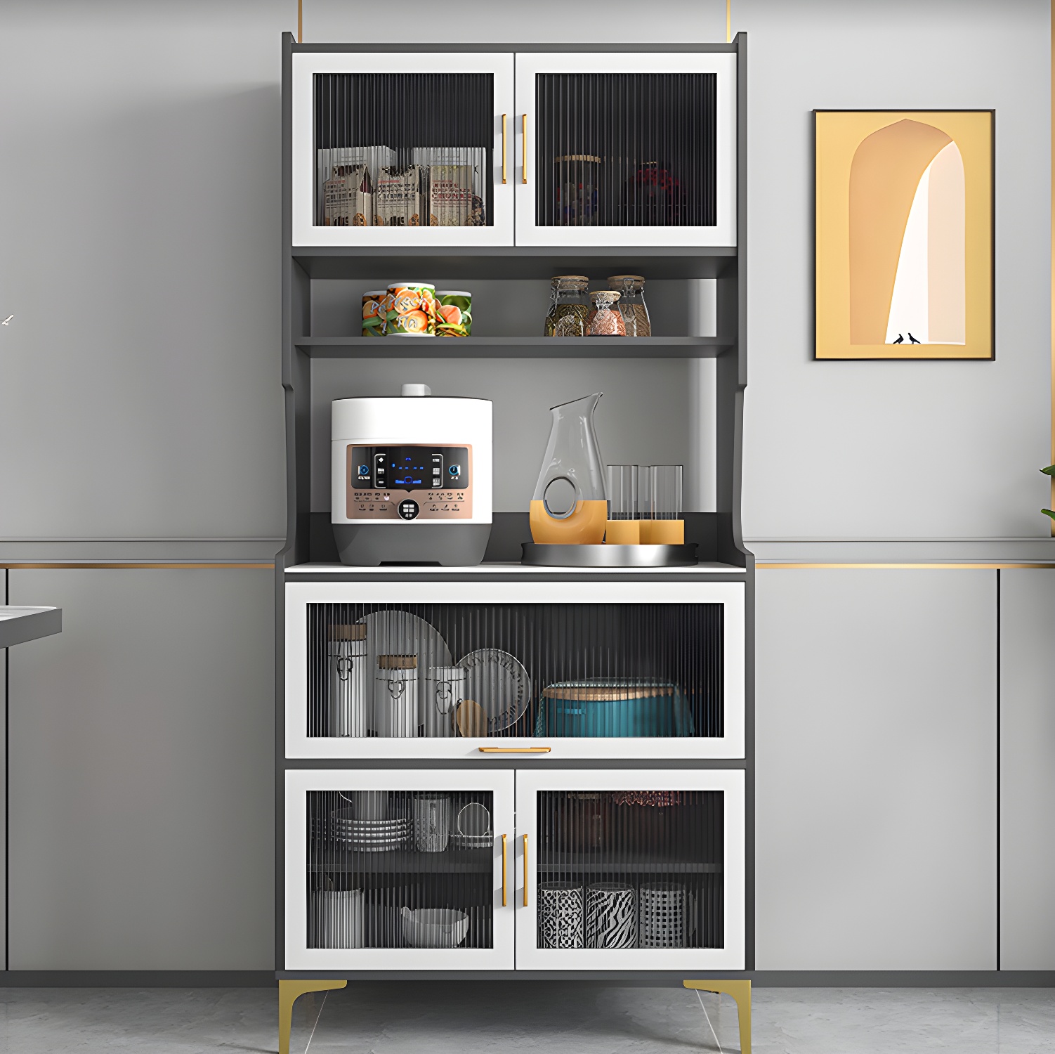 Sintered Stone Countertop Dining Server Manufactured Wood Kitchen Server with Glass Doors - image 6