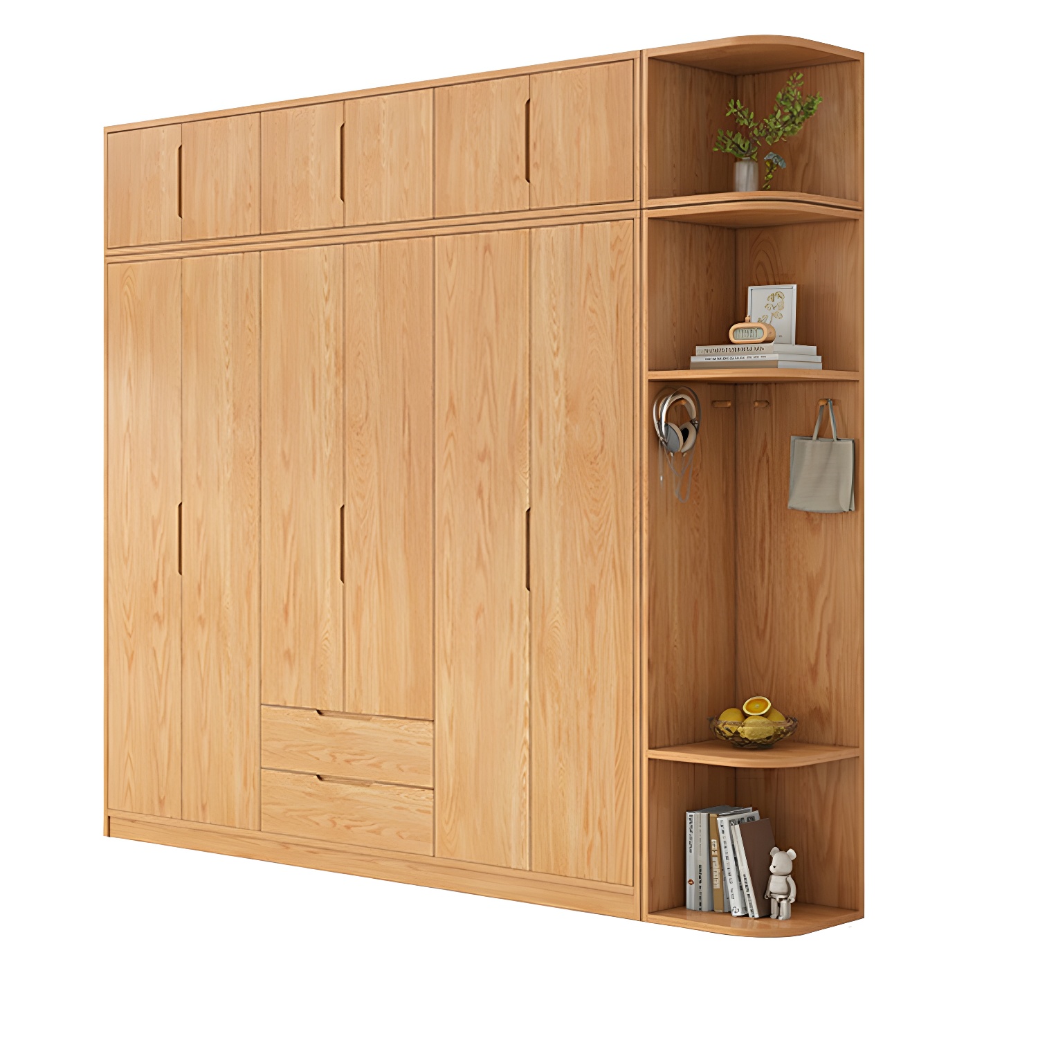 Modern Natural Wood Wardrobe Armoire with Sliding Doors, Drawers, and Shelves - image 5
