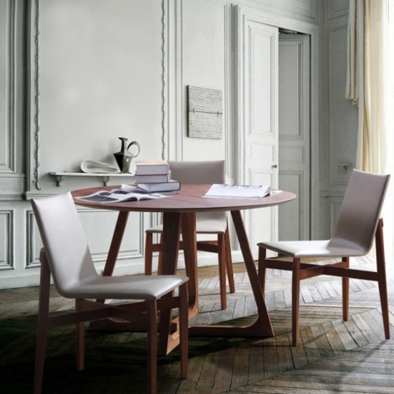 Minimalist Coffee Wood/Neutral Wood Tone Sleighing Dining Table Set with Round Solid Wood Table and Upholstered Chairs - image 4
