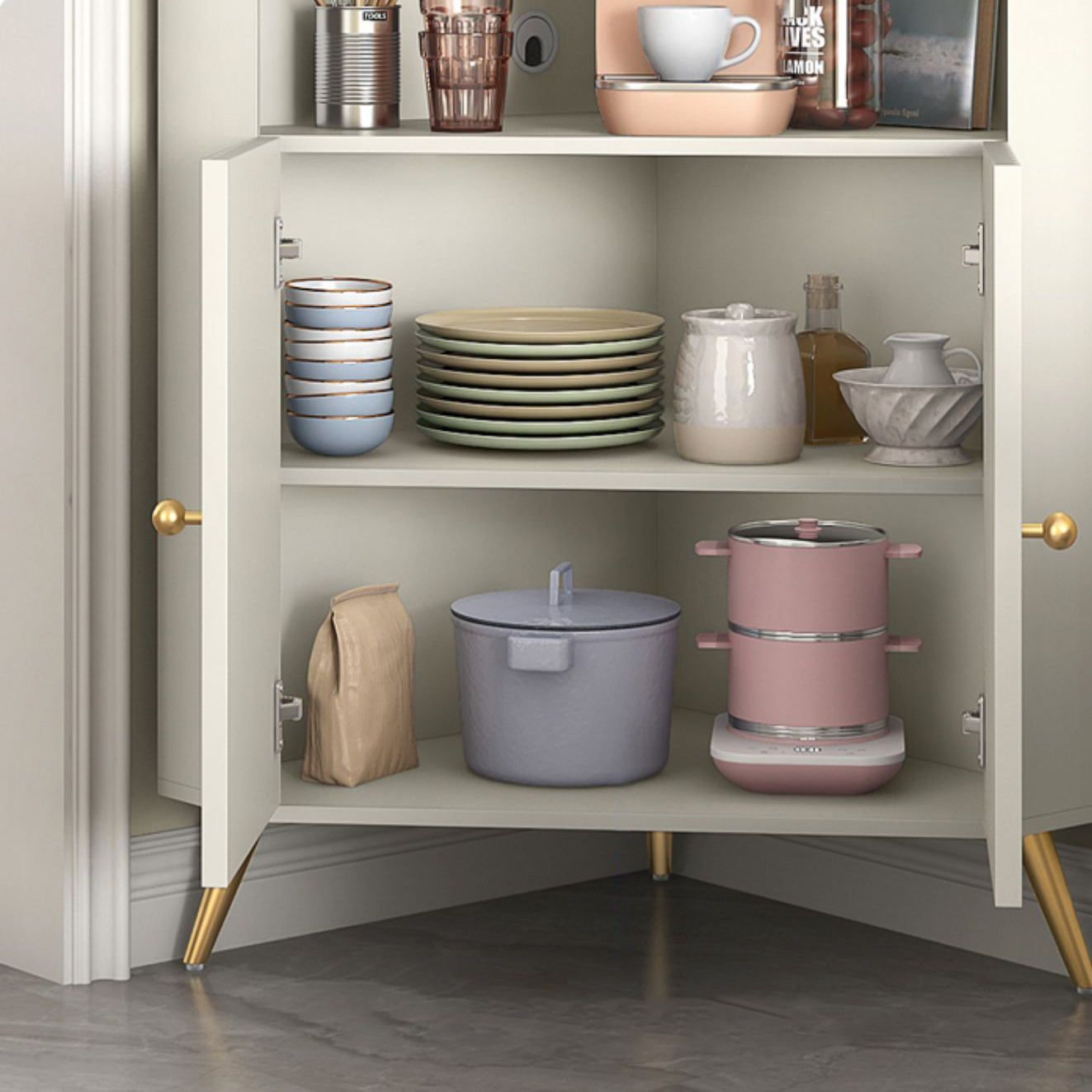 Modern Corner Accent Cabinet with White Wood Countertop, Glass Doors, and Gold Metal Base - image 8