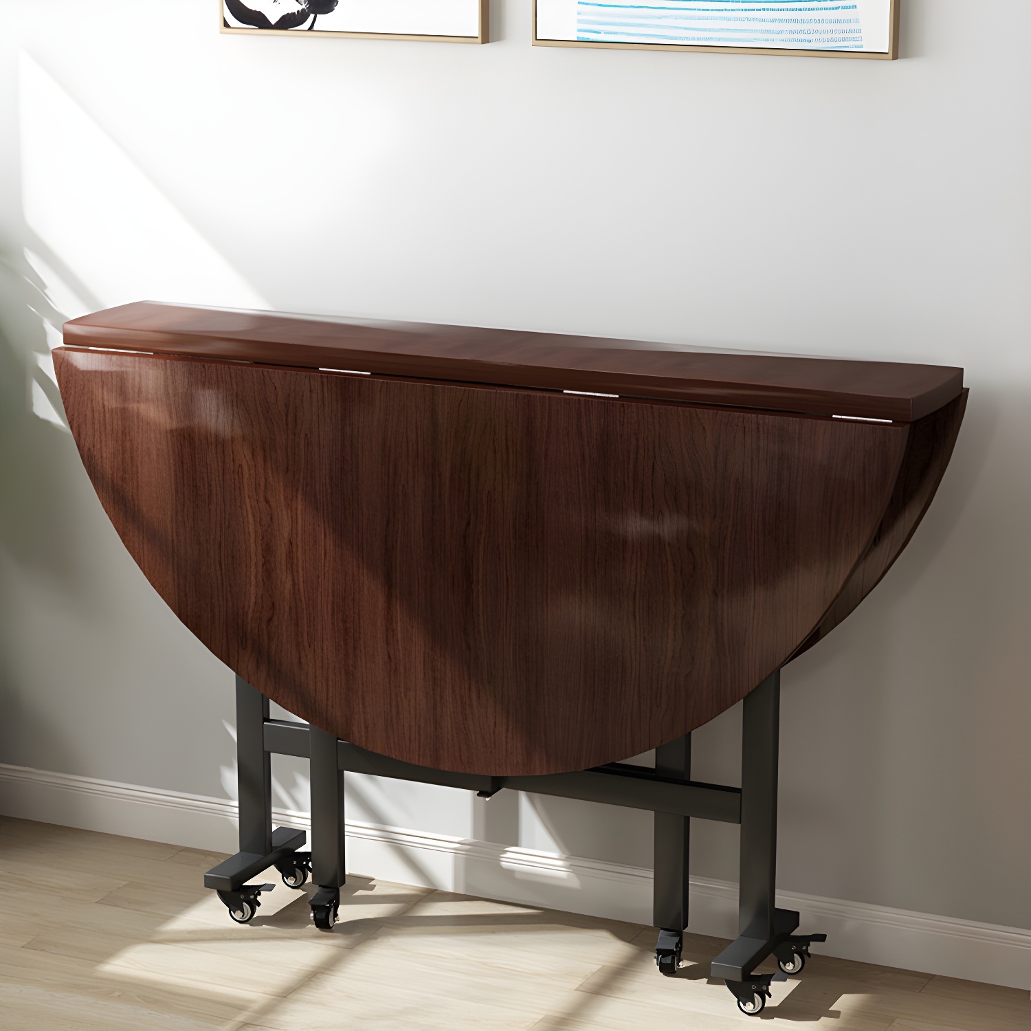 Modern Foldable Dining Table Round Wood Tabletop with Metal Legs