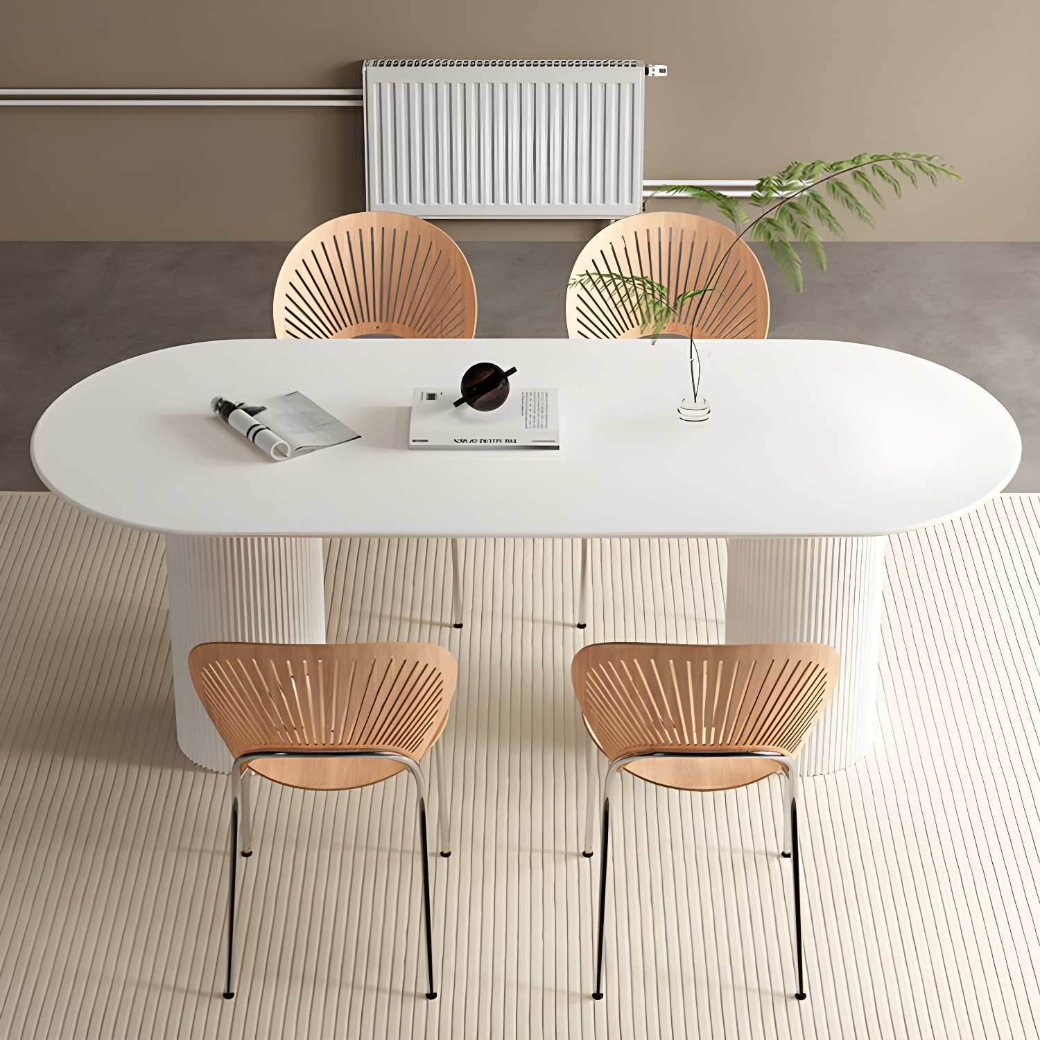 Stylish White Stone Kitchen & Dining Table with Adjoining Pedestal Base