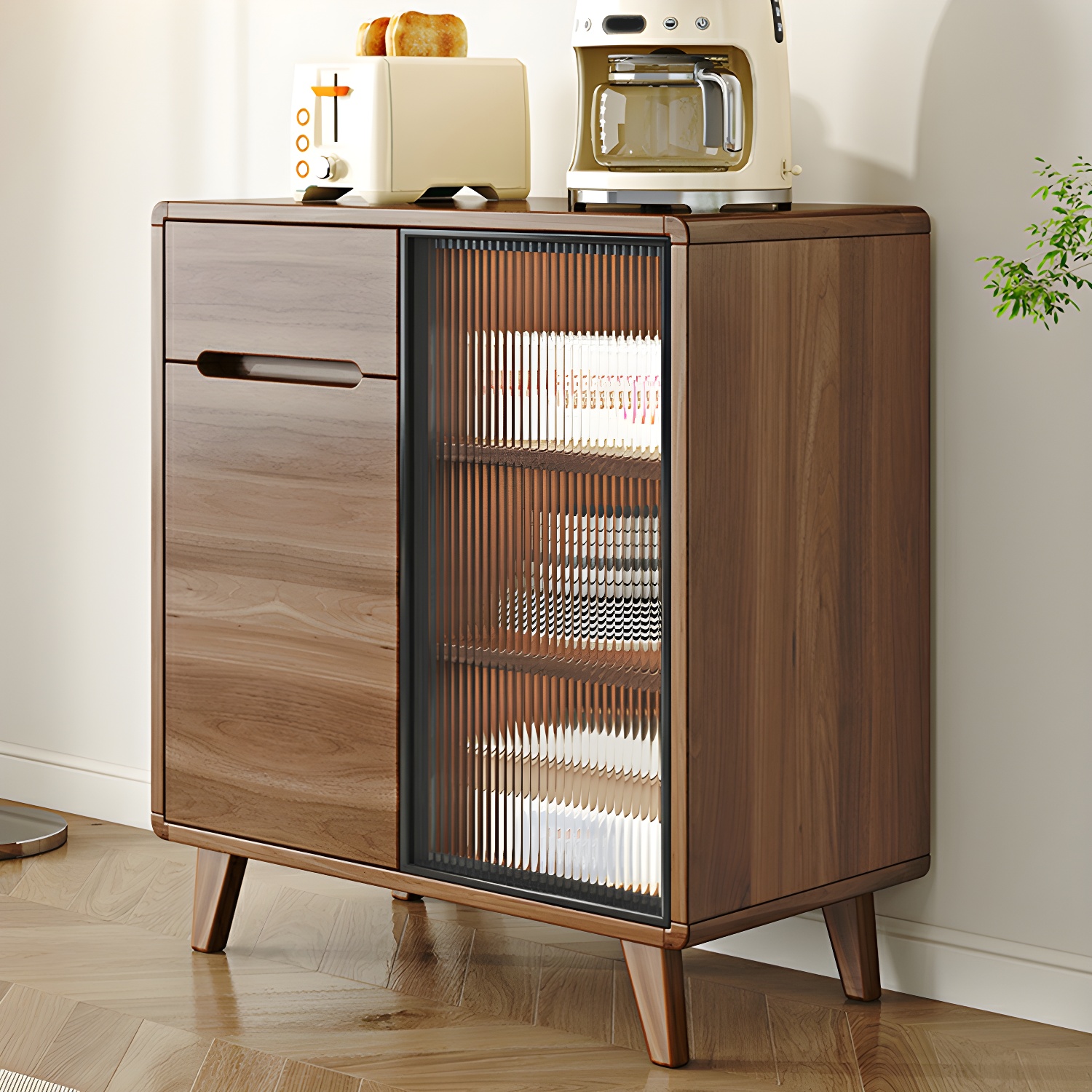 Contemporary Engineered Wood Free-standing Sideboard with Glass Door and Adjustable Shelves