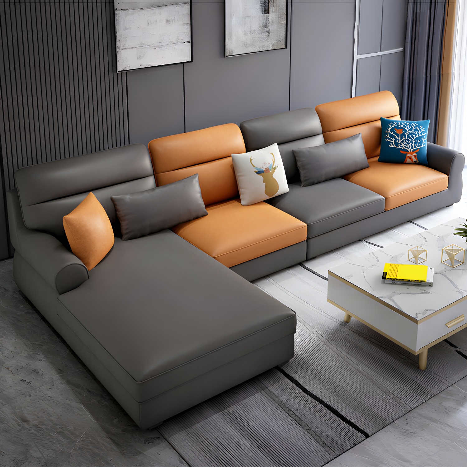 Large Modern L-Shape Stationary Wood Sectional Sofa with Round Arm and Cushion Back - image 7