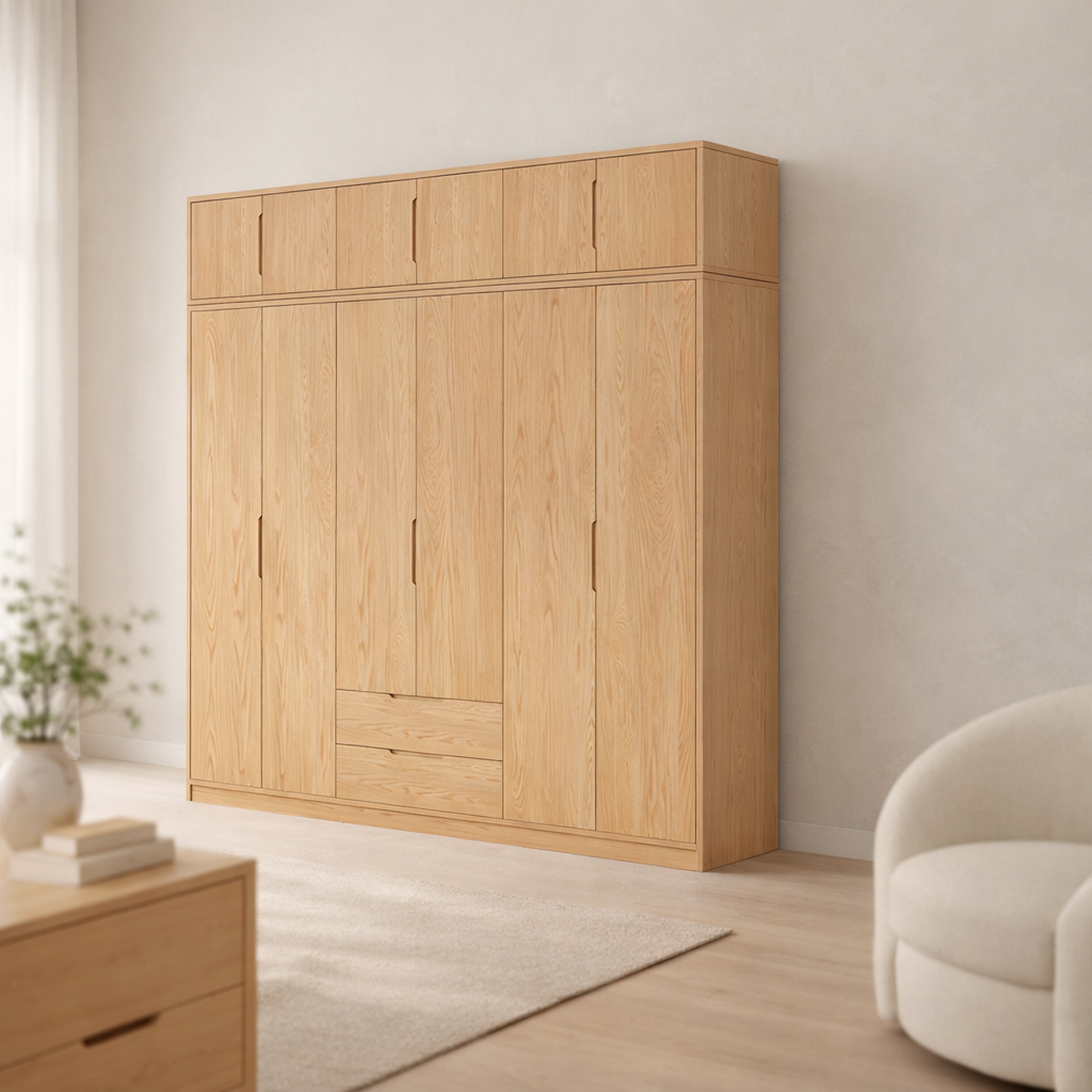 Modern Natural Wood Wardrobe Armoire with Sliding Doors, Drawers, and Shelves - image 20