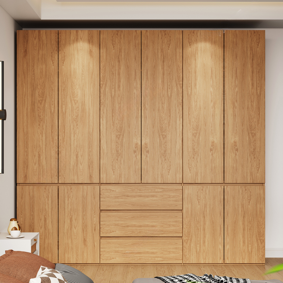 Wood Grain Minimalist Laminate Independent Wardrobe Closet with Soft Close Drawer, Soft Close Door, and Interior Shelves