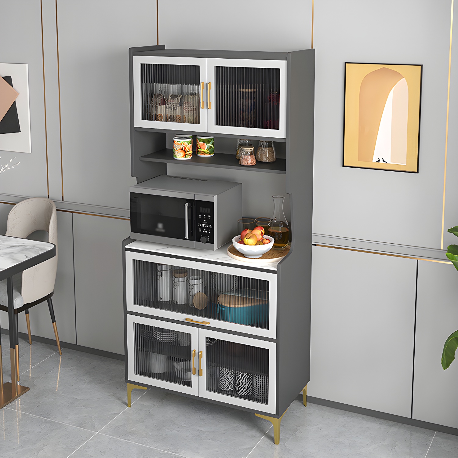 Sintered Stone Countertop Dining Server Manufactured Wood Kitchen Server with Glass Doors - image 15