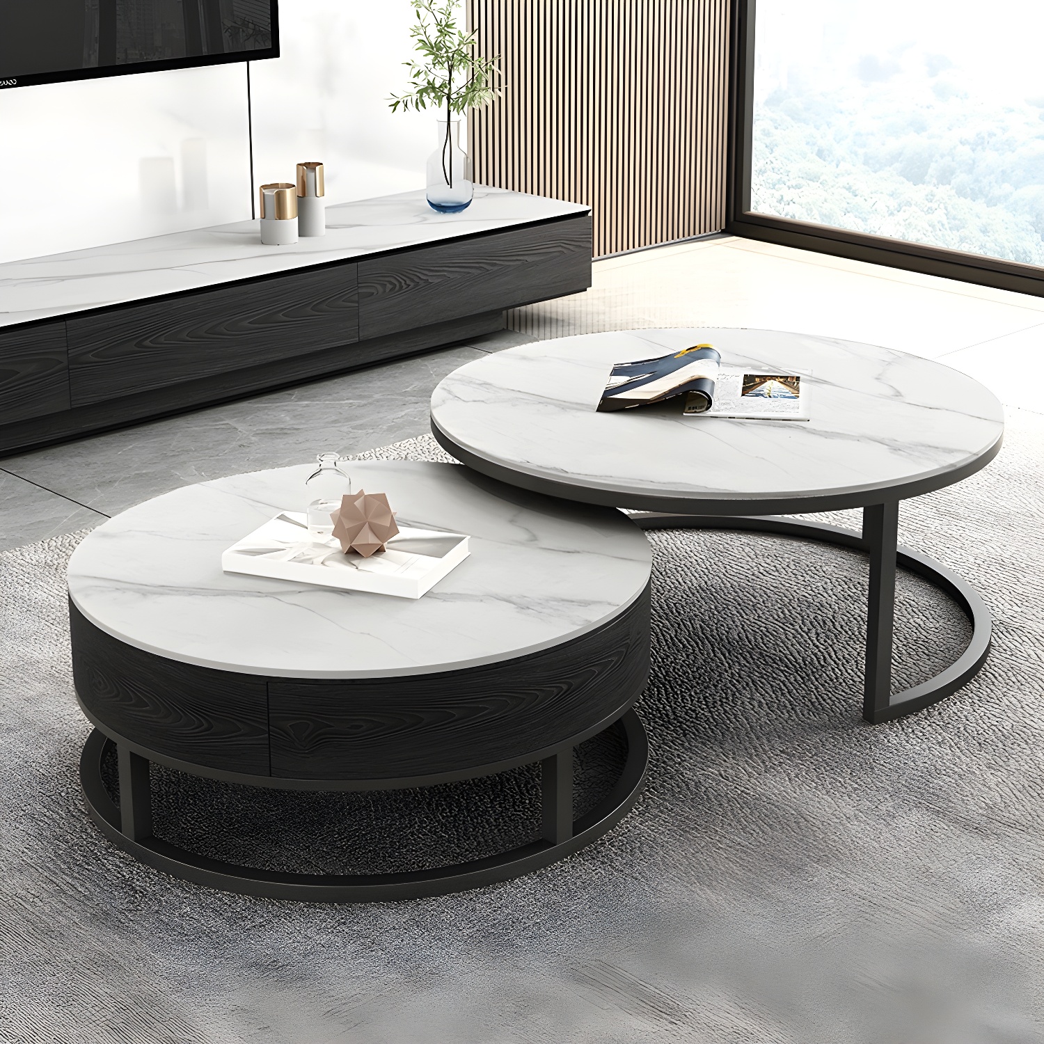 Set of 2 Round Stone Top Modern Nesting Tables with Black Metal Frames and Drawers Included - image 6