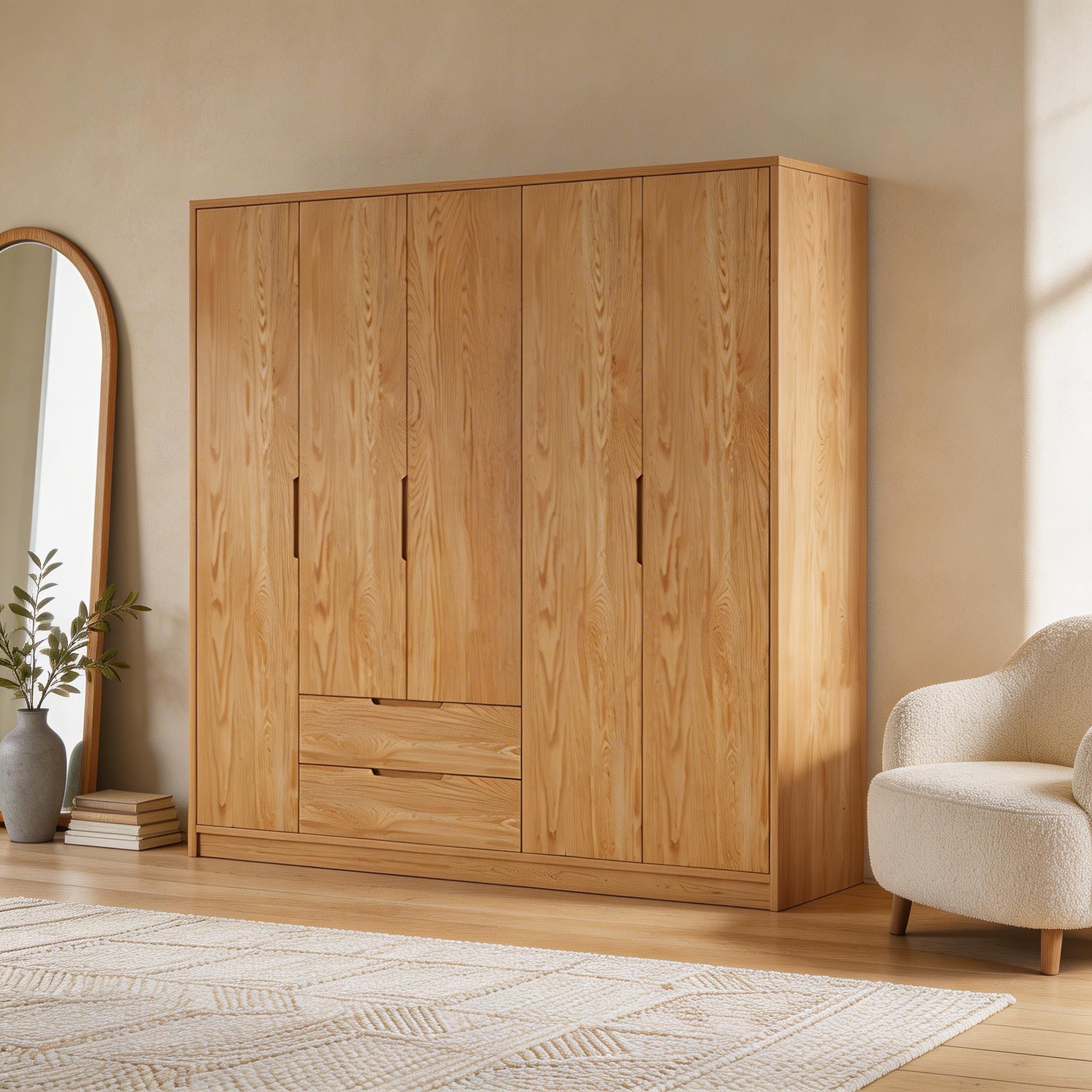Modern Natural Wood Wardrobe Armoire with Sliding Doors, Drawers, and Shelves - image 14