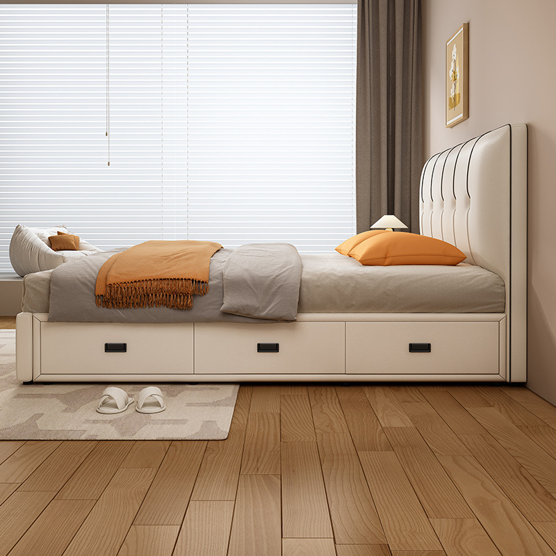 Cream Solid Color Storage Included Bed with 3 Storage Boxes for Bedroom - image 3