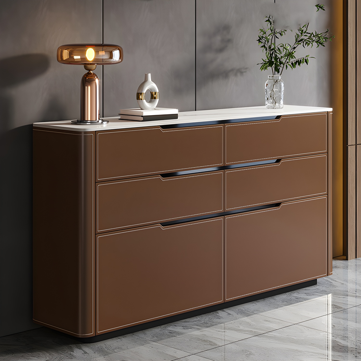 Wood Modern 4-Drawer and 2-Door Storage Sideboard with Stone Countertop