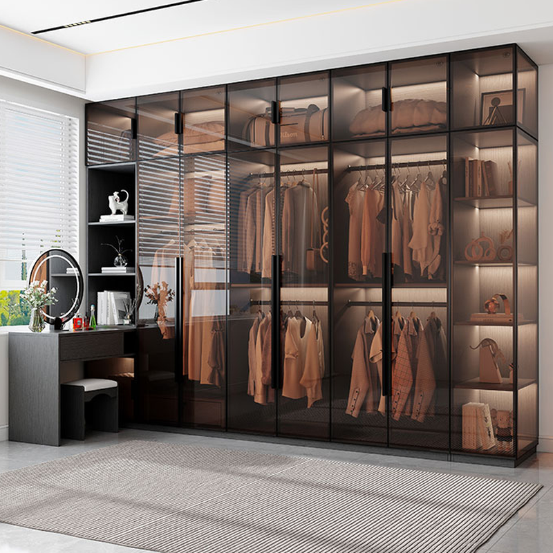 Transparent Simplistic Vitreous Wardrobe Closet with Soft Close Door, Interior Shelves, and Hanging Rod