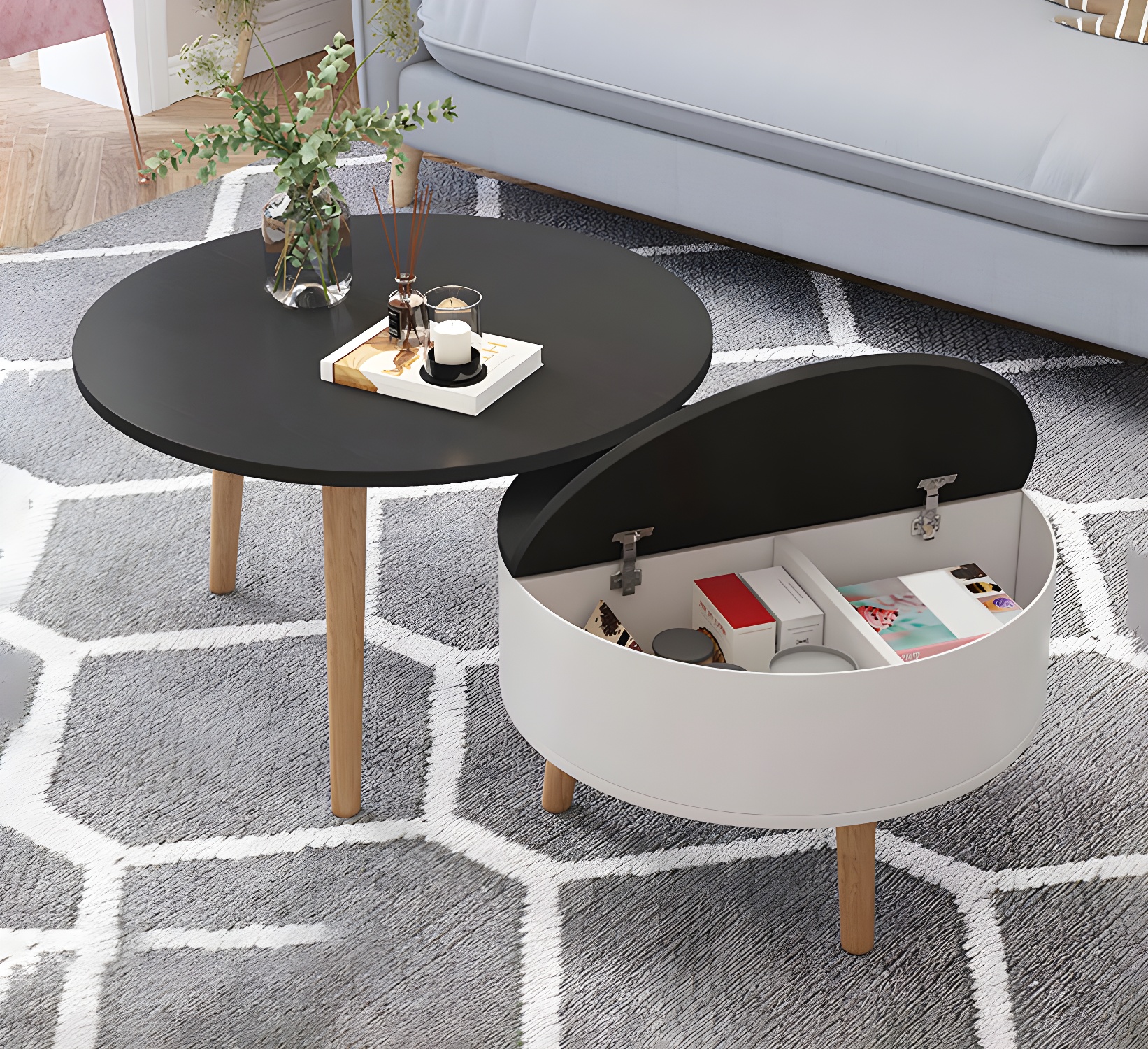 Round Solid Wood 3 Legs Coffee Table with Storage Drawers Modern Cocktail Table - image 11