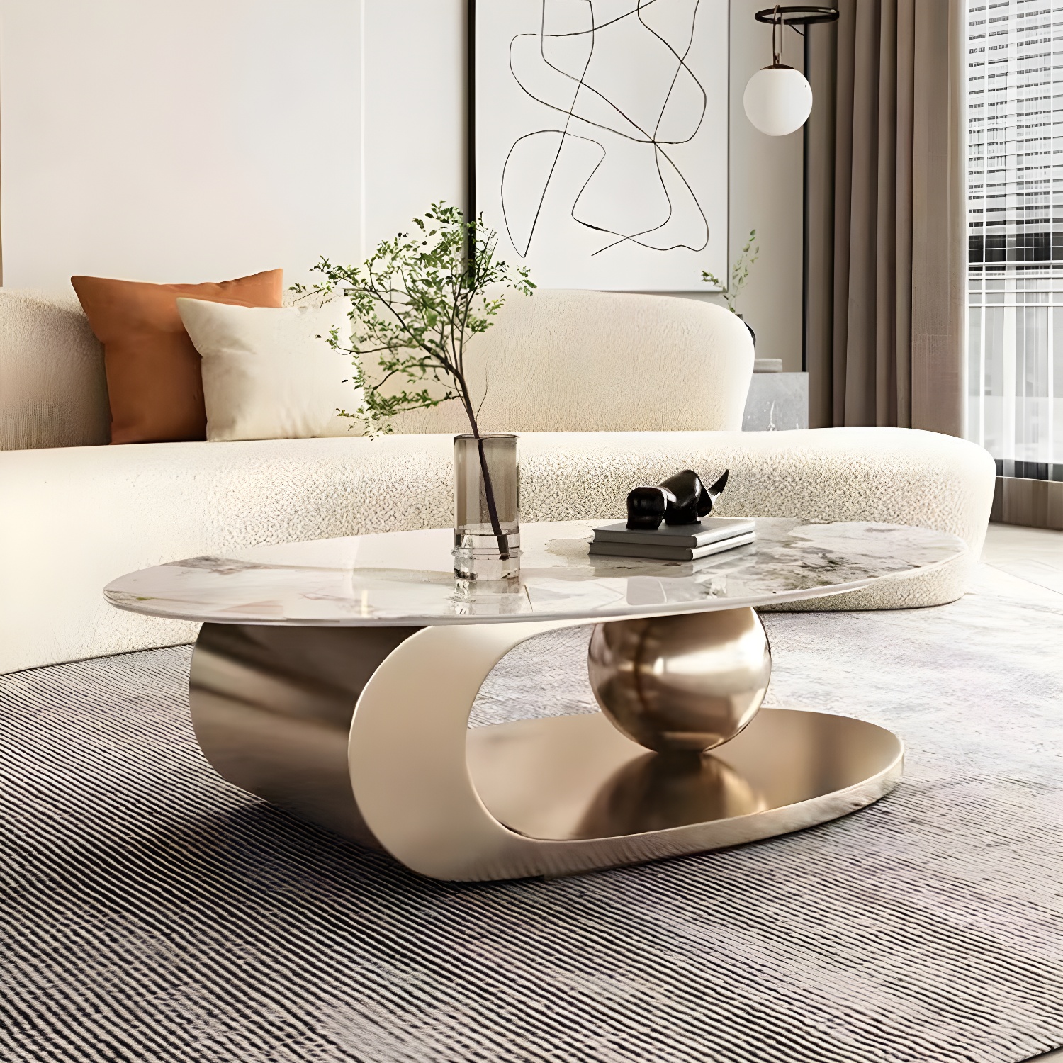 Glam Stone Coffee Table - Beige Oval Shape with Abstract Stainless Steel Base and Scratch Resistant - image 4