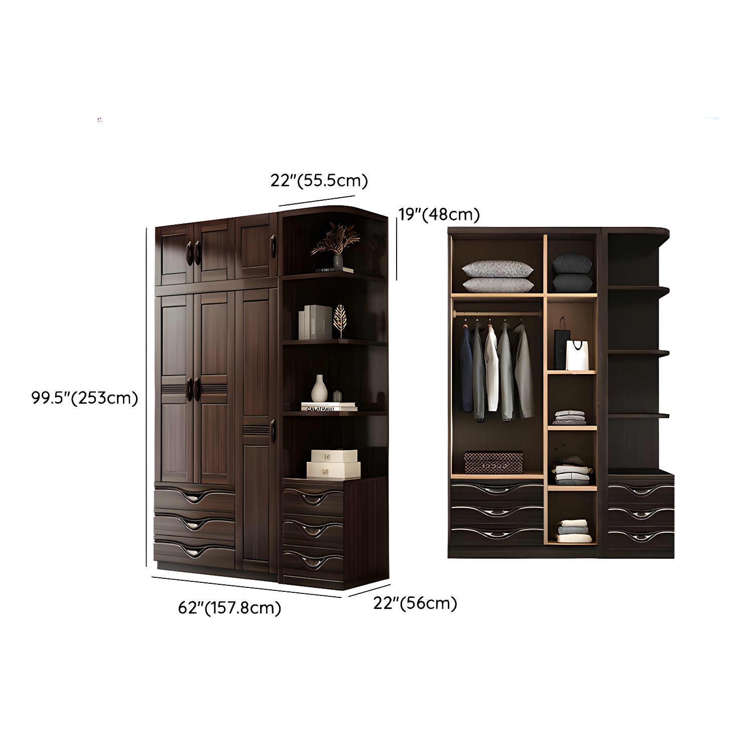 Traditional Black-brown Storage Wood Wardrobe with Clothing Rod and Shelves - image 21