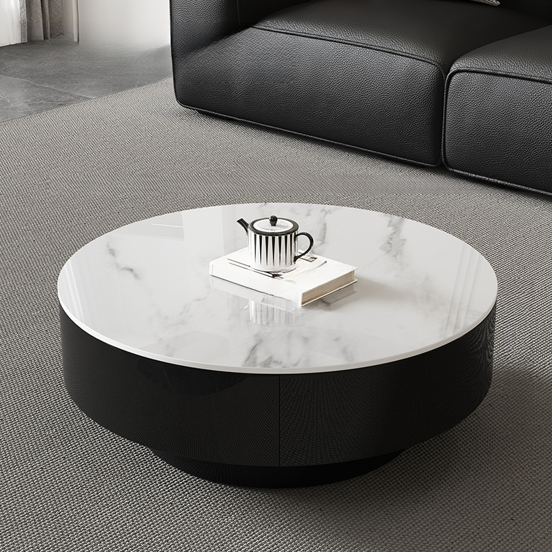 Elegant 1-Tier Circular-shaped Slate Side Table with Drum Base and Midnight Black Top, Includes 2 Drawers/1 Drawer - image 3