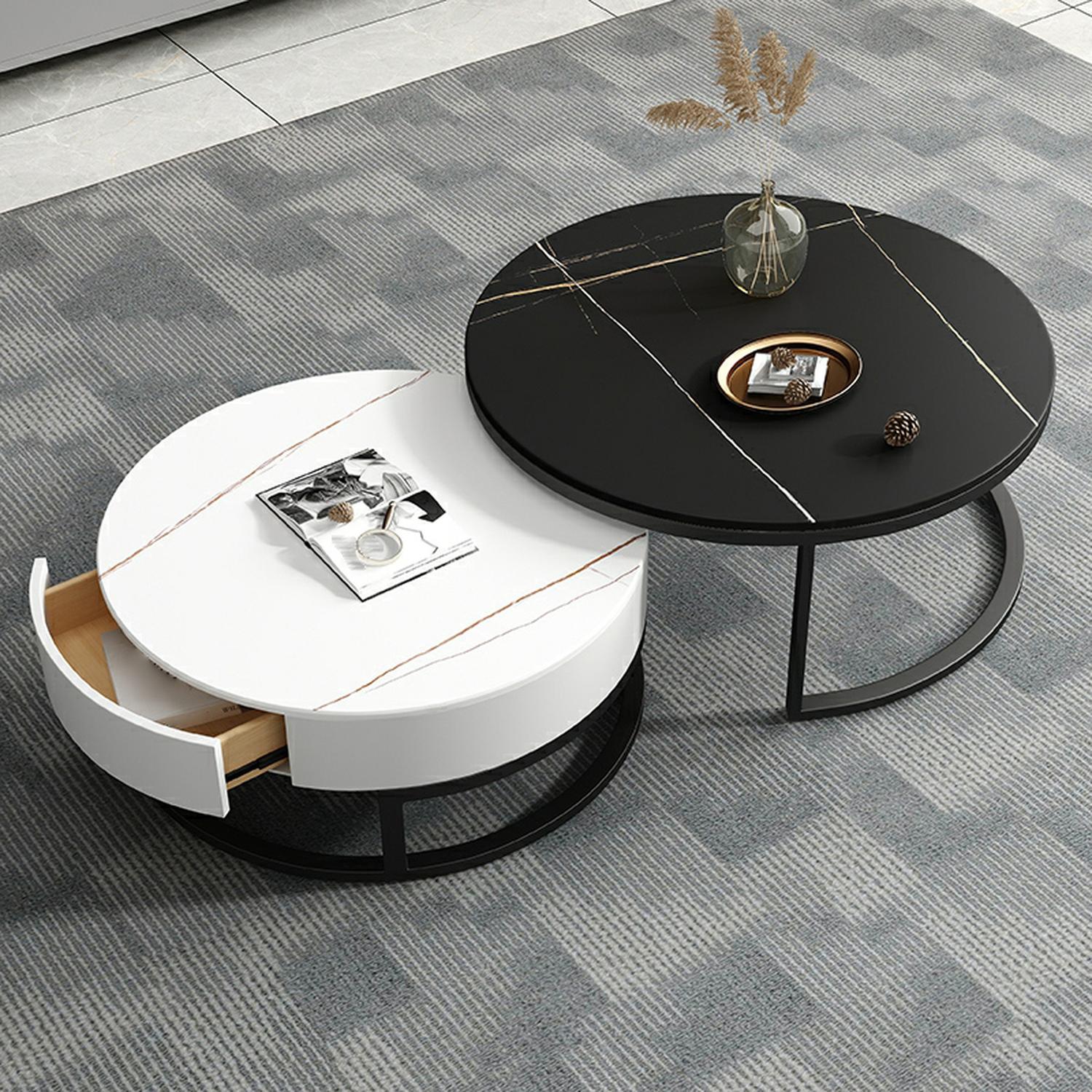 Modern Black Nesting Coffee Tables, 2 Set, Round Stone Top, Steel Frame with Storage