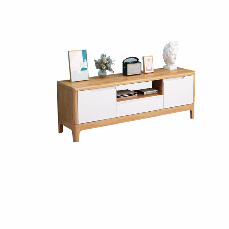 Art Deco Natural Wood TV Stand with 2 Drawers, 2 Cabinets, and Visible Storage