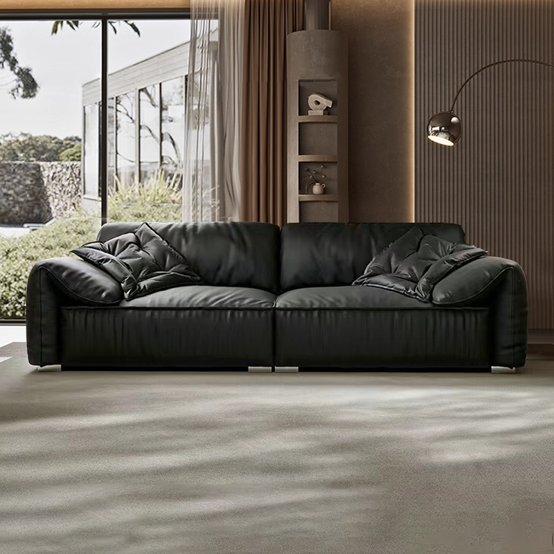 Modish Solid Color Water Resistant Standard Sofa in Midnight Black, Seats 5/4 Person/for 3 with 2 Pillows
