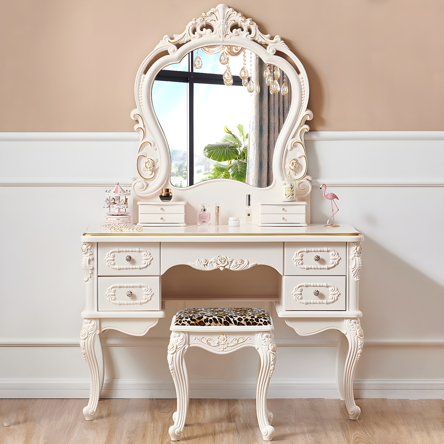 White Victorian Wood Vanity Dressing Table with Drawers Mirrored Makeup Vanity - image 6