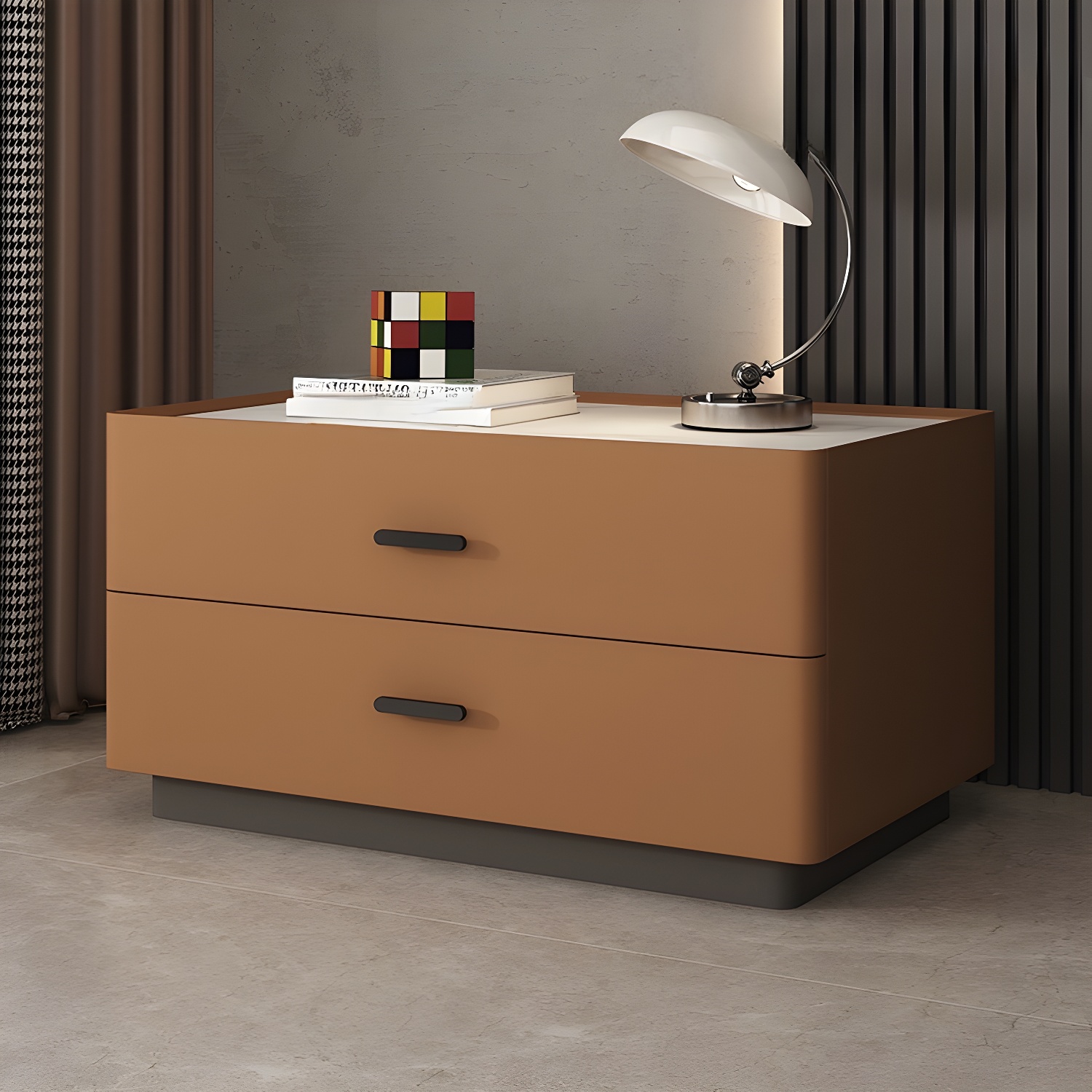 Elegant Two-Drawer Faux Leather Nightstand with Stone Countertop in Low Height for Modern Homes - image 8