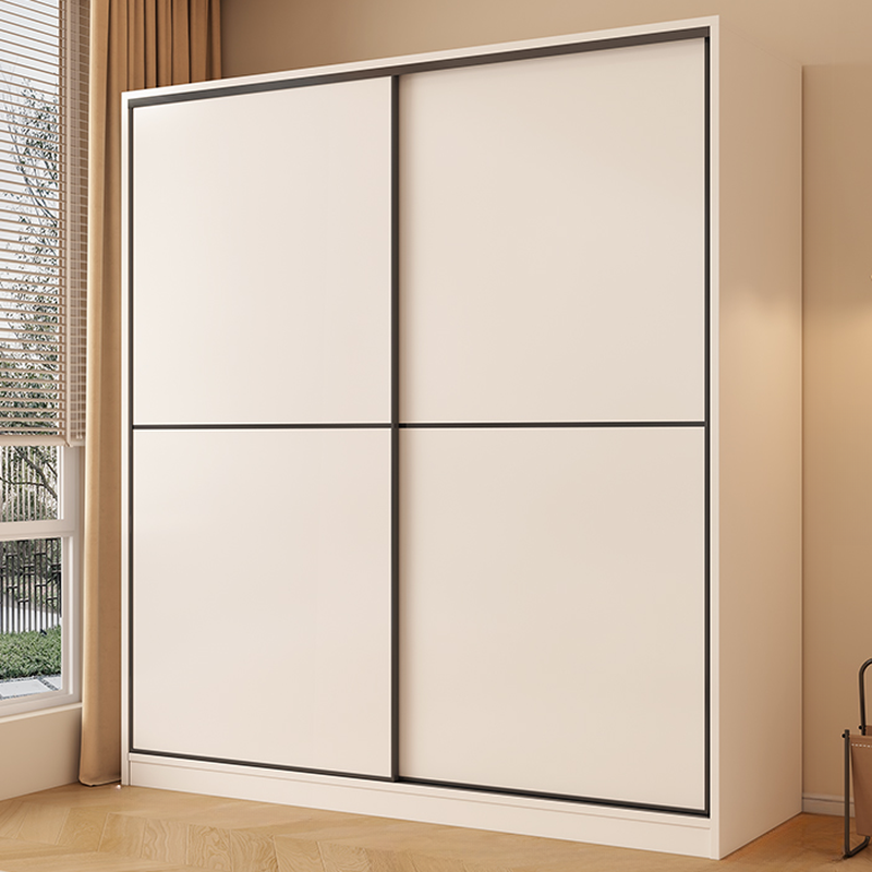 White Minimalist Manufactured Wood Wardrobe Closet with 2 Drawers, Interior Shelves, and Clothing Rod